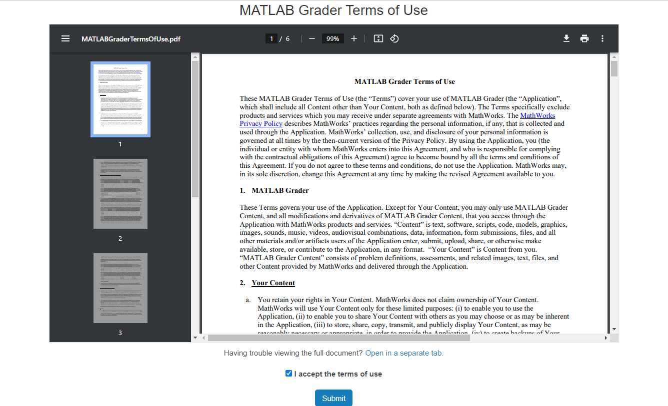 MATLAB Grader Terms and Conditions